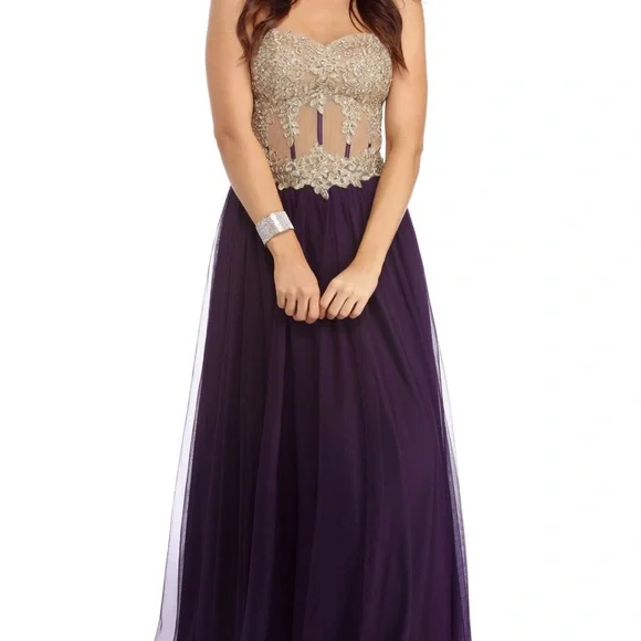 Windsor Dresses | Windsor Dress - Gold Bustier Eggplant Prom Dress | Color: Purple | Size: 3j | Fashionanyday's Closet